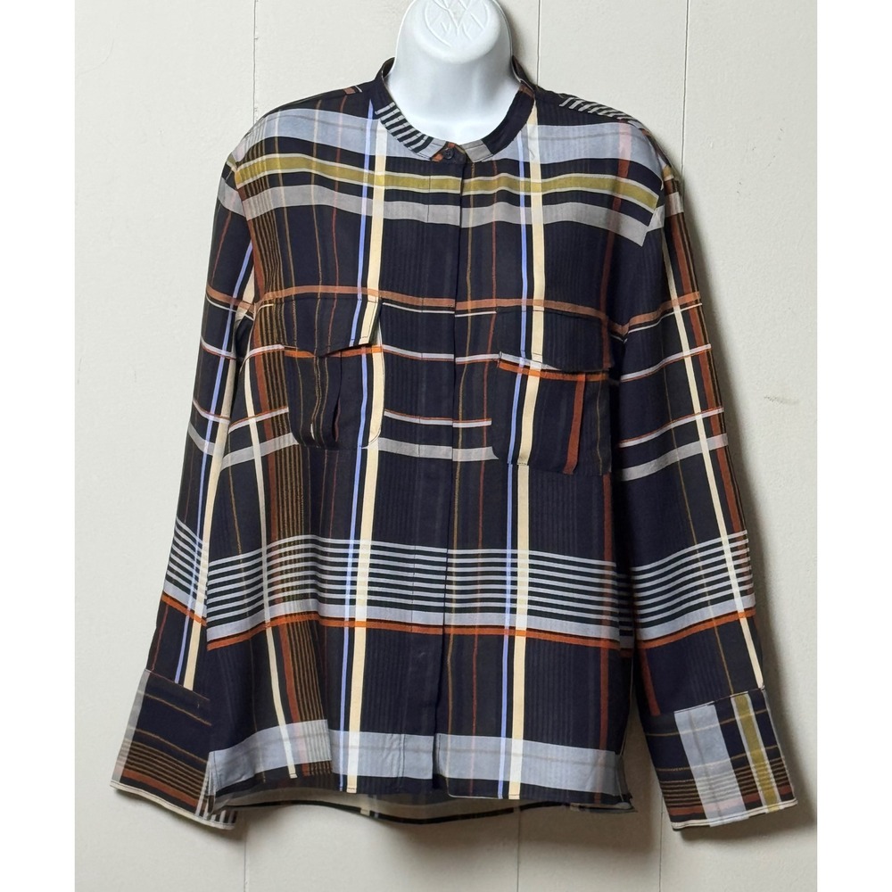 Zara Women's Plaid Band Collar Button Up Blouse Navy Orange Viscose Size Large